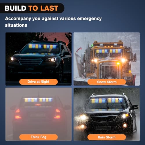 Nilight 32LED Amber Blue Emergency Dash Strobe Lights with Controller Suction Cups Warning Hazard Interior Front/Rear Windshield Deck Split Light Bar for Trucks Construction Vehicles - color: Amber and Blue