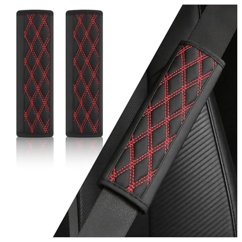 2PCS Diamond-Shaped Stitching Car Seatbelt Covers,Stylish Car Seatbelt Cushion Relieves Shoulder and Neck Fatigue as Cars Decorations,Leather Cars Seat Belt Cover Pad (Red) - color: Red