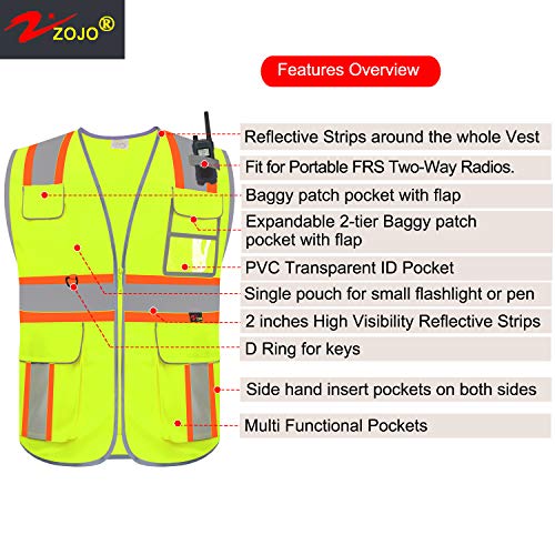 zojo High Visibility Safety Vest, 5PCS,Reflective with Multi-Functional Pockets and Zipper,for Men Women work(Yellow-Strip) - color: Yellow-strip