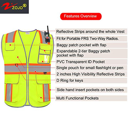 zojo High Visibility Safety Vest, 5PCS,Reflective with Multi-Functional Pockets and Zipper,for Men Women work(Yellow-Strip) - color: Yellow-strip