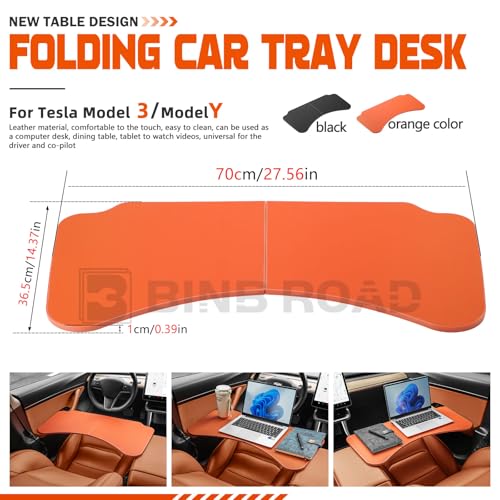 Leather Tray Table Folding Car Table Compatible with Tesla Model 3 Y – Multi-Use Dining Tray & Laptop Stand, Fits Front Driver & Passenger Seats,Orange - color: Orange