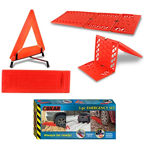 Koolatron Oskar Emergency Roadside Kit – 3-Piece Vehicle Safety Set with Folding Tire Traction Mats & Reflective Warning Triangle – Car, SUV, Truck Essentials for Snow, Ice, Mud, Sand
