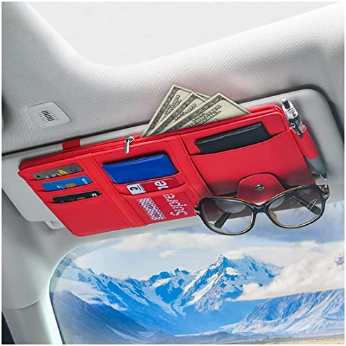 XINLIYA Car Sun Visor Organizer, Leather Storage Pocket Sun Visor Pouch with Zipper for Cards License Registration Pen Glasses Document, Fits Most Car SUV, Auto Interior Accessories (Red) - color: Red