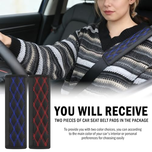 2PCS Diamond-Shaped Stitching Car Seatbelt Covers,Stylish Car Seatbelt Cushion Relieves Shoulder and Neck Fatigue as Cars Decorations,Leather Cars Seat Belt Cover Pad (Blue) - color: Blue