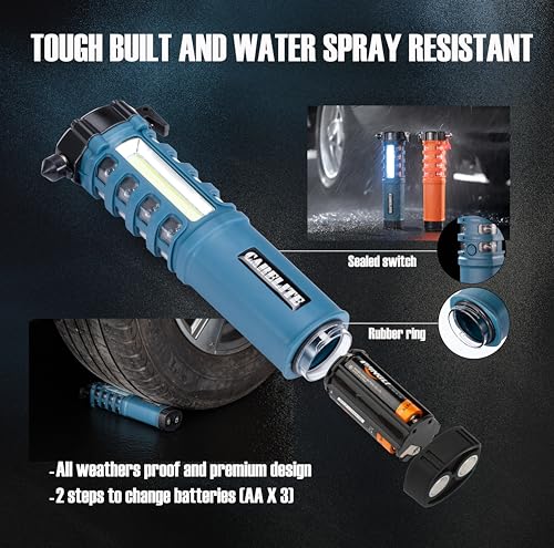 Emergency Car Flashlight with Seatbelt Cutter and Window Breaker, LED Work Light & Flash Beacon, Life-Saving Car Escape Tool for Roadside Safety (Blue) - color: Blue