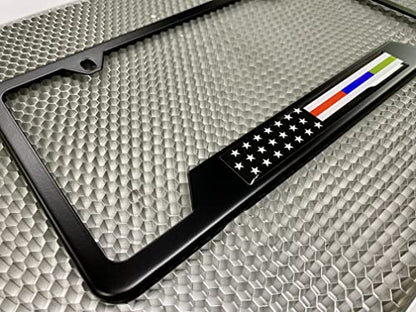 Black Stainless Steel CAR 2-Hole Standard Size - License Plate Frame with First Responders - Law Enforcement, Military and Fire Thin Line USA Flag Design and Free caps - (Qty:1 Frame) - size: Police, Military and Fire