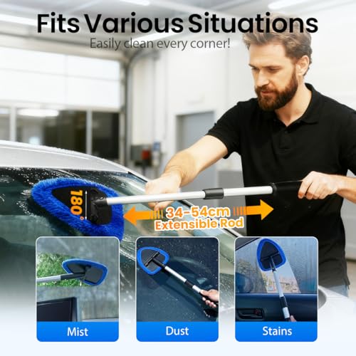 Longer Extendable Windshield Cleaning Tool,Car Window Cleaner Windshield Cleaner and Washable Microfiber Pads with 4 Reusable and 2 pcs Spray Bottles for Car and Home Window (Grey) - color: Grey