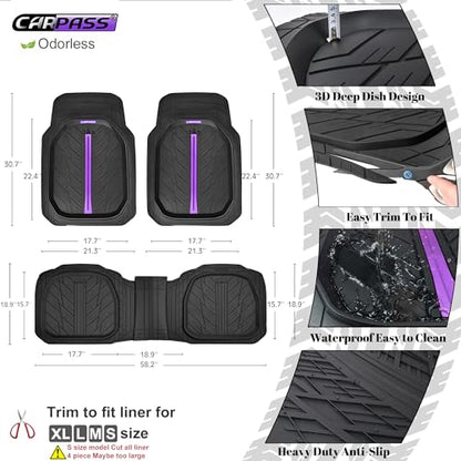 CAR PASS Tire Tread DeepDish Rubber Floor Mats for car Heavy Duty car mats All Weather, Universal XL~M Trim to Fit for Truck SUV Vehicle Automotive, Waterproof car mats 3 Piece (Purple Black) - color: Purple Black