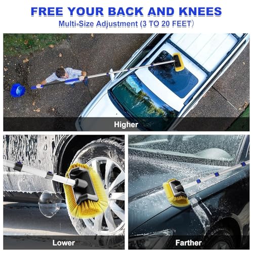 Buyplus 26FT Reach Car Wash Brush with Long Handle, 12-Inch Soft Bristle Head, Truck Wash Brush with 5-20FT Telescoping Pole, Car Washing Brush for Cleaning Car, SUV, RV, Boats, Solar Panels Blue