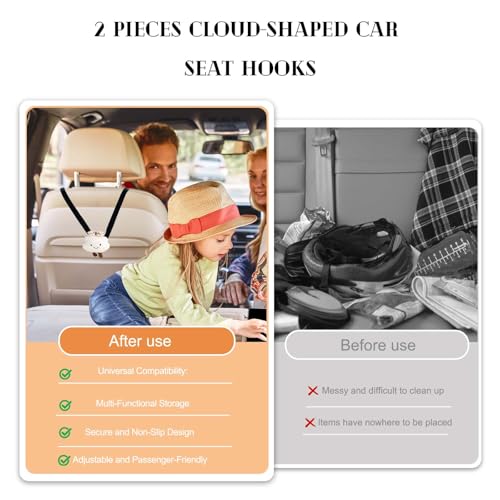 2 Pieces Cloud-Shaped Car Seat Hooks | Universal Vehicle Organizer for Sport & Regular Seats | Bag, Purse, Grocery, and Umbrella Holder | Interior Accessories