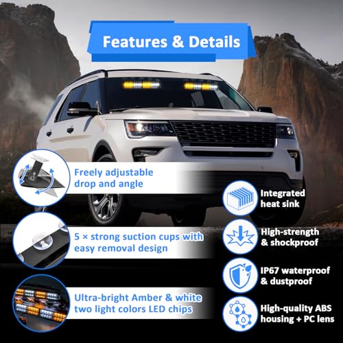 Wsays 4Pcs 16 LED 2''x 14'' White Amber Dash Strobe Light w/Controller and Wiring Harness and Suction Cup Windshield Interior Warning Light Bar Compatible with Trucks Pickup SUV Boat Vehicle