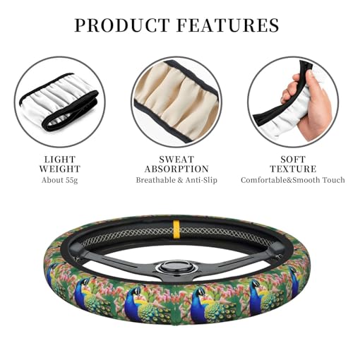 Peacock Steering Wheel Cover for Women Men Elastic Stretch Steering Wheel Protector Universal 15 inch Car Interior Accessories Breathable Microfiber Ice Silk