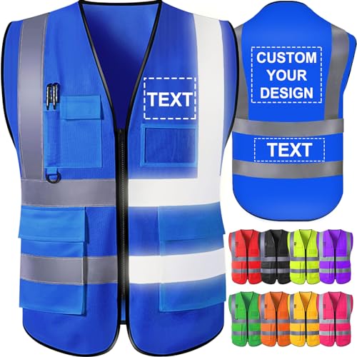 Custom Safety Vest for Men with Logo Pockets High Visibility Reflective Vests Construction Security Workwear - color: Blue, size: Large