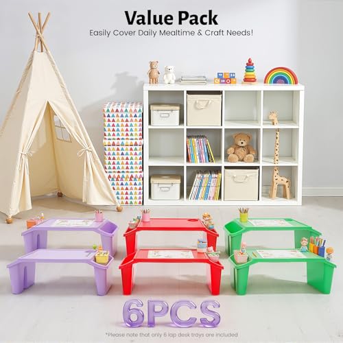 6 Pack Kids Lap Tray with Storage Slots, Stackable Portable Kids Lap Desk, 20" L X 10" W X 7" H Plastic Table Kids Activity Tray for Writing Eating Drawing Reading (Red, Green, and Purple) - color: Red+green+purple