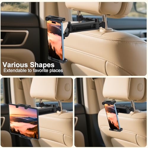 Kairiyard Tablet Holder for Car, 3 in 1 Extension Arm Adjustable Car Headrest Tablet Holder Road Trip Essentials Back Seat Tablets Cars Mount Compatible with iPad Pro, Air, Mini, 4.7-11" Devices - color: Black