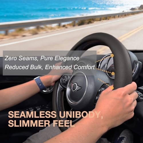 PINCTROT Large Size Nappa Leather Steering Wheel Cover, Slim Fit No Bulk Design, One Piece Leather with Breathable Perforation, Fit Like Gloves, 15.5-15.75 Inch(Nappa Black) - color: 01.Black, size: Large Size[15 1/2''-15 3/4'']