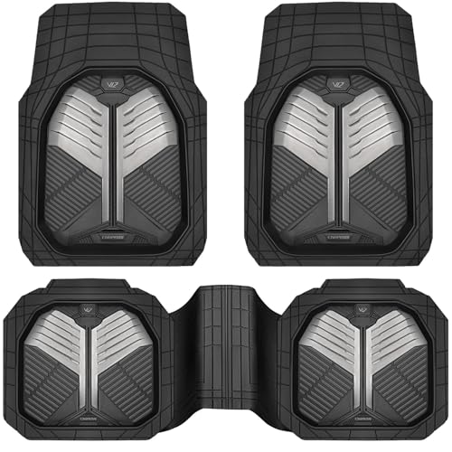 CAR PASS Heavy Duty Rubber Car Mats, Deep-Dish Car Floor Mats All Weather, Universal Two-Tone Trim-to-Fit for SUVs Trucks Sedans, Waterproof Anti-Slip, 3 Pieces V12 Black and Metallic Gray - color: Black and Gray