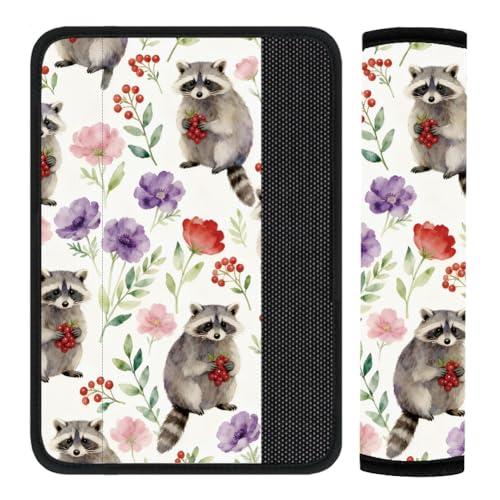 2Pcs Seat Belt Cover Pad 11 Inch Long Seat Belt Cushion Soft Comfort Shoulder Strap Protector Neck Pad Auto Accessory Decoration for Car Truck SUV Bag Backpack Cute Raccoon Floral - color: Cute Raccoon Floral