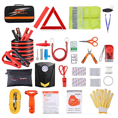 Vetoos Car Roadside Emergency Kit with Jumper Cables, Auto Vehicle Safety Road Side Assistance Kits, Winter Car Kit for Women and Men, with Portable Air Compressor, Tow Rope, Multitool Plier - style: Essential Kit + Air Compressor