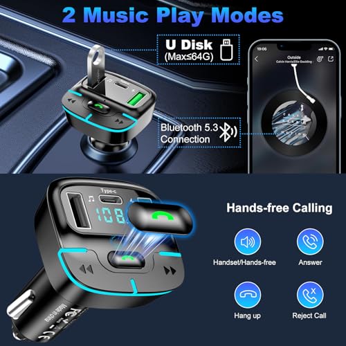 Bluetooth Car Adapter, Wireless Radio Adapter USB C Car Charger MP3 FM Transmitter, Support U Disk/Hands Free Calling