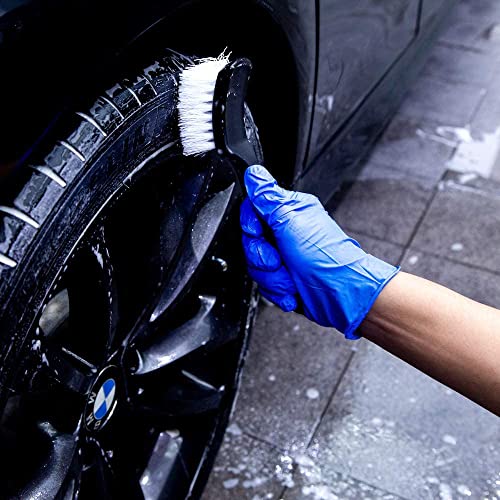 8.5” Nylon Tire Brush, Stiff Bristle Wheel Cleaning Tool, Car Floormat Scrub Brushes, Long Handled Detail Brush for Auto Detailing, Heavy Duty Nifty Interior Carpet (White)