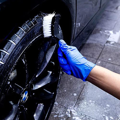 8.5” Nylon Tire Brush, Stiff Bristle Wheel Cleaning Tool, Car Floormat Scrub Brushes, Long Handled Detail Brush for Auto Detailing, Heavy Duty Nifty Interior Carpet (White)
