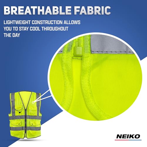 Neiko High Visibility Safety Vest ANSI Class 2, 9 Pockets - size: 3X-Large, style: Vest