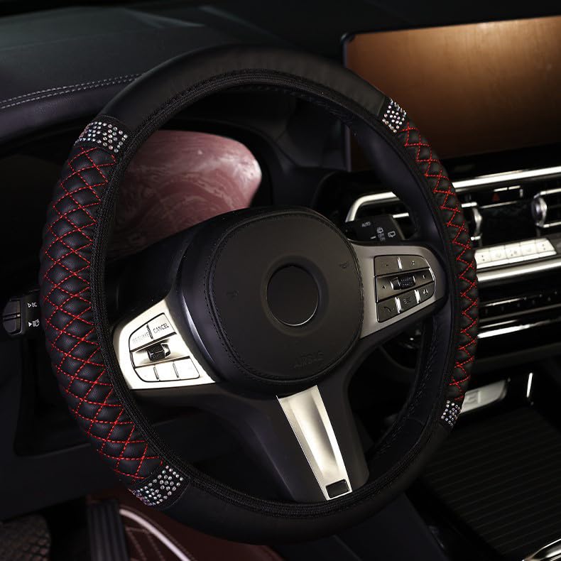 PU Leather Elasticity Car Steering Wheel Cover Anti-Slip Adjustable Steering Wheel Protective Sleeve, Black red - color: Black red