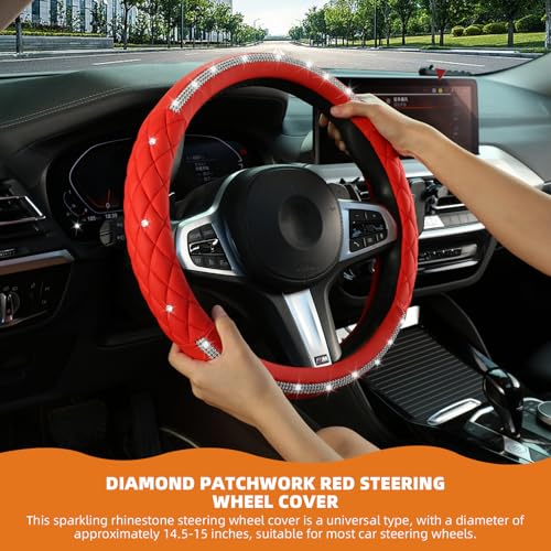 Diamond Steering Wheel Cover，with Bling Crystal Rhinestone, Delicate and Anti-Slip Sparkly Steering Wheel Cover ，Adaptable to 14.5-15 inches Car Wheel Protector for Women Girl，Car Accessories, Red - color: Red