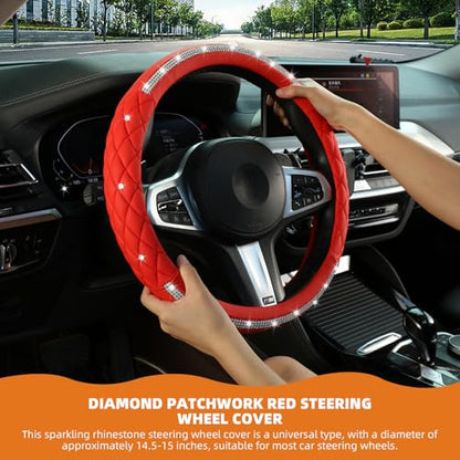Diamond Steering Wheel Cover，with Bling Crystal Rhinestone, Delicate and Anti-Slip Sparkly Steering Wheel Cover ，Adaptable to 14.5-15 inches Car Wheel Protector for Women Girl，Car Accessories, Red - color: Red