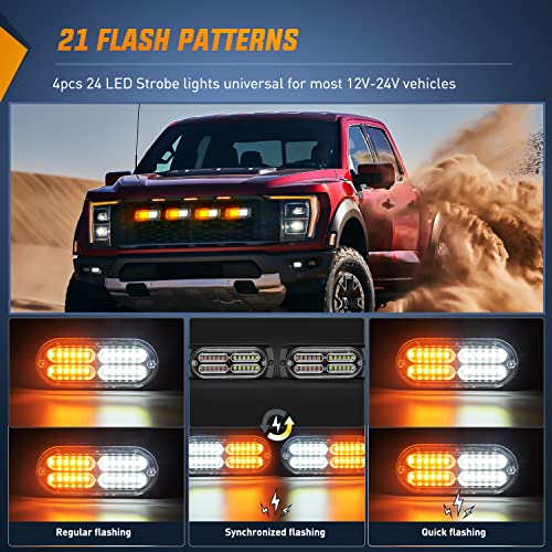 Nilight 4PCS 24LED Emergency Strobe lights 12V 24V Amber White Surface Mount Grille Hazard Safety Warning Lights Sync Feature Side Flashing Marker Flash for Car Truck Campers - color: Amber White