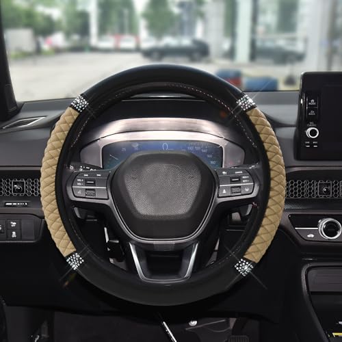 Bling Soft Leather Steering Wheel Cover, 15 Inch Colorful Rhinestones Auto Elastic Steering Wheel Protector for Women Girls, Car Accessories Anti Slip Steering Wheel Cover for Cars, SUVs (Beige) - color: Beige