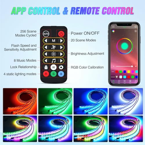 Nilight 4Pcs Car Underglow Neon Accent Strip Lights 256 LEDs RGBIC Multi Color DIY Sound Active Function Music Mode with APP Control and Remote Control Underbody Light Strips, 2 Years Warranty - color: Underglow Light RGBIC Multi Color 4Pcs