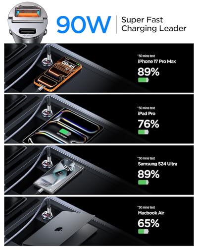 MRGLAS 90W USB C Car Charger Fast Charging,[Invisible Design] All Metal Car Charger USB C PD45W+QC3.0 Dual Port Cigarette Lighter Car Adapter for iPhone 17 16 Pro Max Plus 15 Samsung S26 S25 Ultra - color: Black