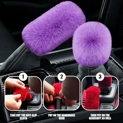 2PCS Plush Car Gear Shift Knob Cover & Handbrake Cover, Shift Knob Protector, Soft Fluffy Gear Handbrake Protective Sleeves, Shifter Lever Brake Handle Warm Plush Set for Cars (Purple) - color: Purple