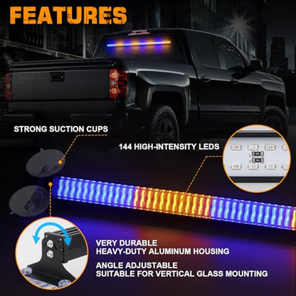 XRIDONSEN 35 inch Amber Blue Traffic Advisor Light Bar 144 LED Emergency strobe lights Warning Flashing Safety Front/Rear Windshield Lights w/Directional Arrow for Vehicles Snow plow Trucks - color: Amber/Blue