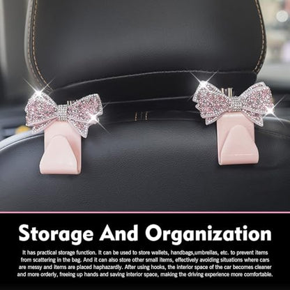 2 PCS Bling Car Seat Headrest Hooks, Crystal Rhinestone Bow Vehicle Hooks for Purses and Bags, Automotive Purse Hook Hanger, Universal Diamond Car Rear Seat Organizer (Pink) - color: Pink