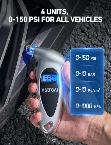 AstroAI Digital Tire Pressure Gauge 0-150PSI Calibrated to ANSI B40.7 +/-1PSI, Accurate in 0.1 Increments, Tire Repair Tools 4 Pressure Measurements for Car Truck with Backlight LCD, Silver - color: Silver