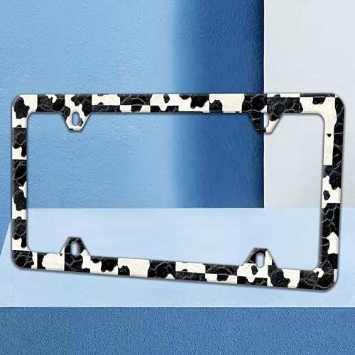 Black and White Cow Print License Plate Frame Spots Texture License Plate Holders Funny Auto Accessory Bracket Stainless Steel License Plate Frames with Screws for Women Men 6x12 Inch 4 Holes - color: Black And White Cow Print