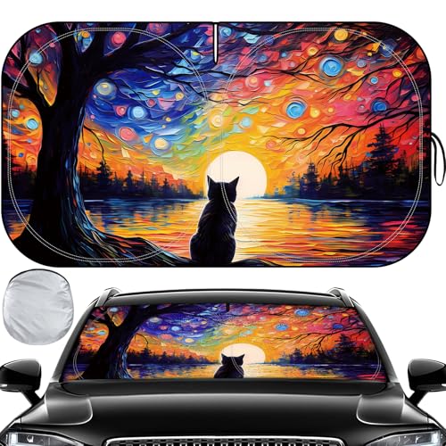 Windshield Sun Shade, Car Sun Shade Windshield, Reflector Sunshade Offers Ultimate Protection for Car Interior, Reflective Polyester Blocks Heat for Sedans, Mini SUVs, Hatchbacks - 57 x 31.5 inches - color: Cat - Oil Painting, 57''x31.5''