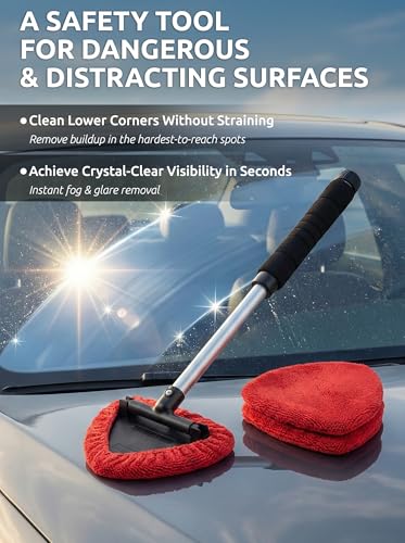 TAKAVU Windshield Window Cleaner Tool, Extendable Long-Reach Handle, Unique Pivoting Triangular Head, 3 Washable Reusable Microfiber Bonnets, Car & Home Inside Interior Exterior Use - Lint Free (Red) - color: Black & Red