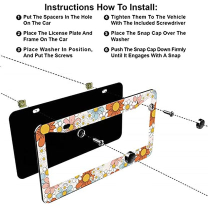 2Pcs 7 Color Flowers License Plate Frames Cover Holders Stainless Steel Boho Pattern License Plate Cover with Screw Caps Cover and Screwdriver Set - 2-Hole for Girl Women (Boho Pattern) - color: 7 color flowers