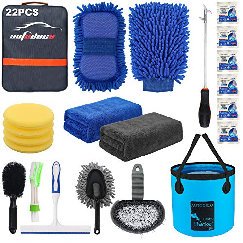 22Pcs Car Wash Cleaning Tools Kit Car Detailing Set with Blue Canvas Bag Collapsible Bucket Wash Mitt Sponge Towels Tire Brush Window Scraper Duster Complete Interior Car Care Kit - color: Blue