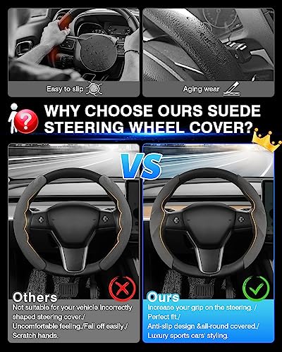 Shademax Custom-Fit for Tesla Steering Wheel Cover, Tesla Model Y / 3 2017-2025 2026 (Fit Model Y Juniper 2026/ Model 3 Highland) Suede Steering Wheel Cover Protector Model Y/ 3 Accessories (Gray) - color: Gray