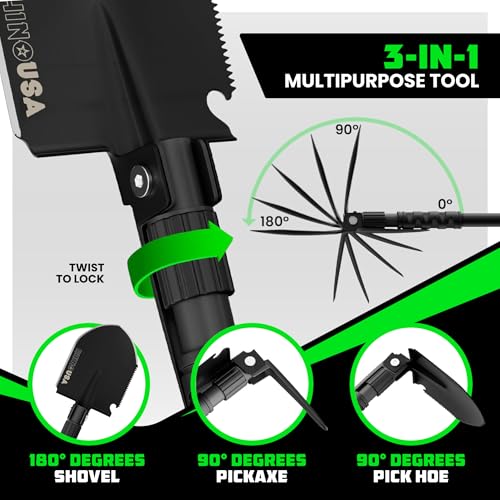 Rhino USA Survival Shovel w/Pick - Heavy Duty Carbon Steel Military Style Entrenching Tool for Off Road, Camping, Gardening, Beach, Digging Dirt, Sand, Mud & Snow. (Survival Shovel) - size: Ultimate 31" Survival E-tool