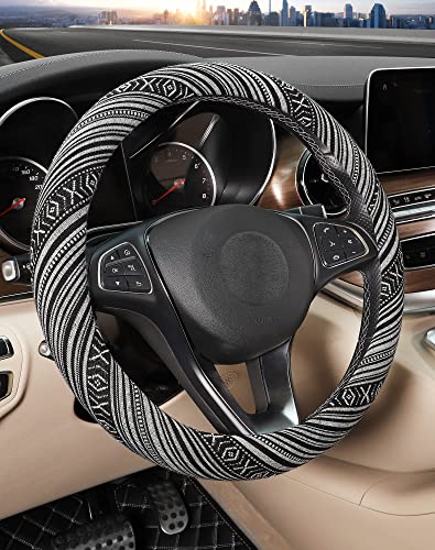 SEG Direct Boho Steering Wheel Cover with Baja Blanket Cloth, Ethnic Style Auto Wheel Cover Made of Coarse Flax, Fits 14 1/2-15 1/4 inches Car Wheel - color: Zebra White