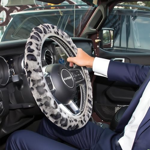 KAFEEK Elastic Long Microfiber Plush Steering Wheel Cover for Winter Warm, Universal 15 inch, Anti-Slip, Odorless, Leopard Gray - color: Leopard