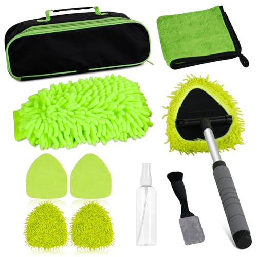 8PCS Windshield Cleaner Tool, Car Windshield Cleaner Tool with Extendable Handle 180° Rotation,Car Window Cleaner with 4 Reusable Microfiber Pads+100ml Spray Bottle+1 Detailing Brush