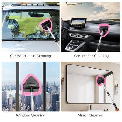 Qydipclin 11pcs Windshield Cleaner Tool, Car Window Cleaning Wash Kit with 6 Reusable Microfiber Pads 2 Spray Bottles and Extendable Handles Auto Glass Wiper Kit, Pink - color: Pink