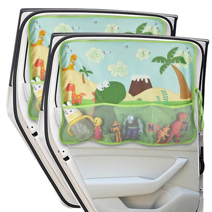 DIZA100 Car Window Shade for Baby, 2 Pack Car Sun Shades with Storage Pockets Car Window Curtain 7 Suction Cups Dinosaurs Pattern for Sun/Heat/UV Rays Protection - color: Green-2pcs
